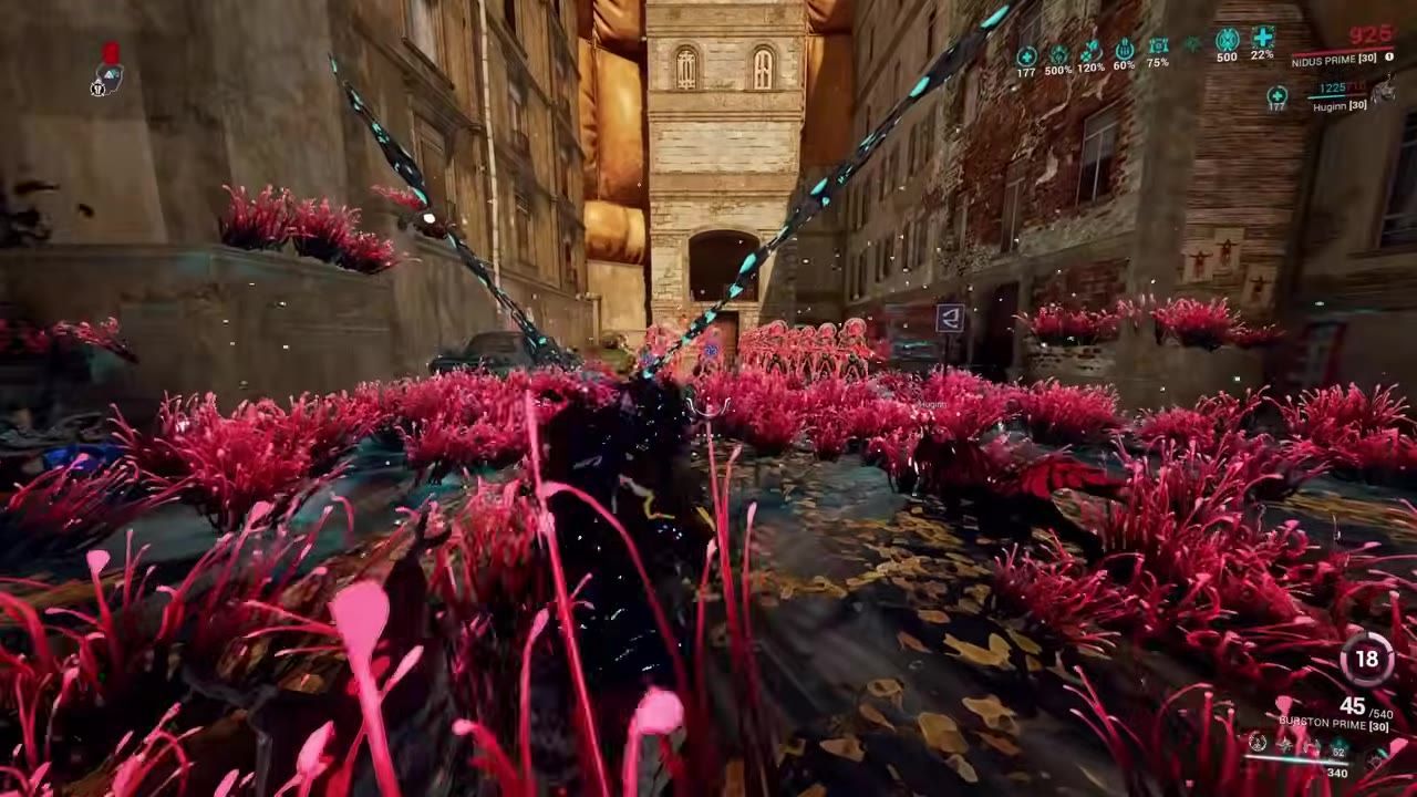 Nidus using Ravenous ability surrounded by growths and enemies in an alley environment.