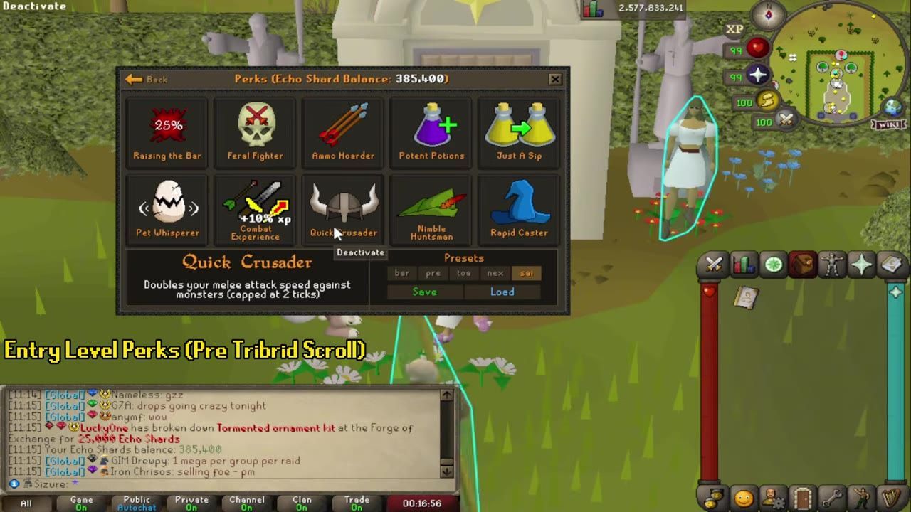 Game interface showing perk setups menu and perks like Quick Crusader.