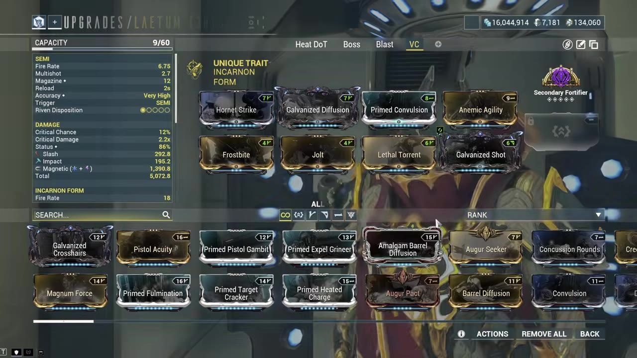 Configuration screen for the Laetum Incarnon secondary weapon with detailed mods and stats.