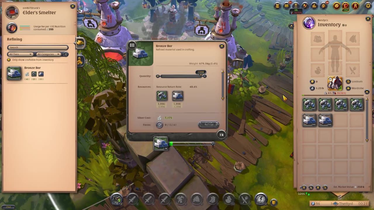 Game interface showing refining options for making bronze bars from ore, with cost and return details.