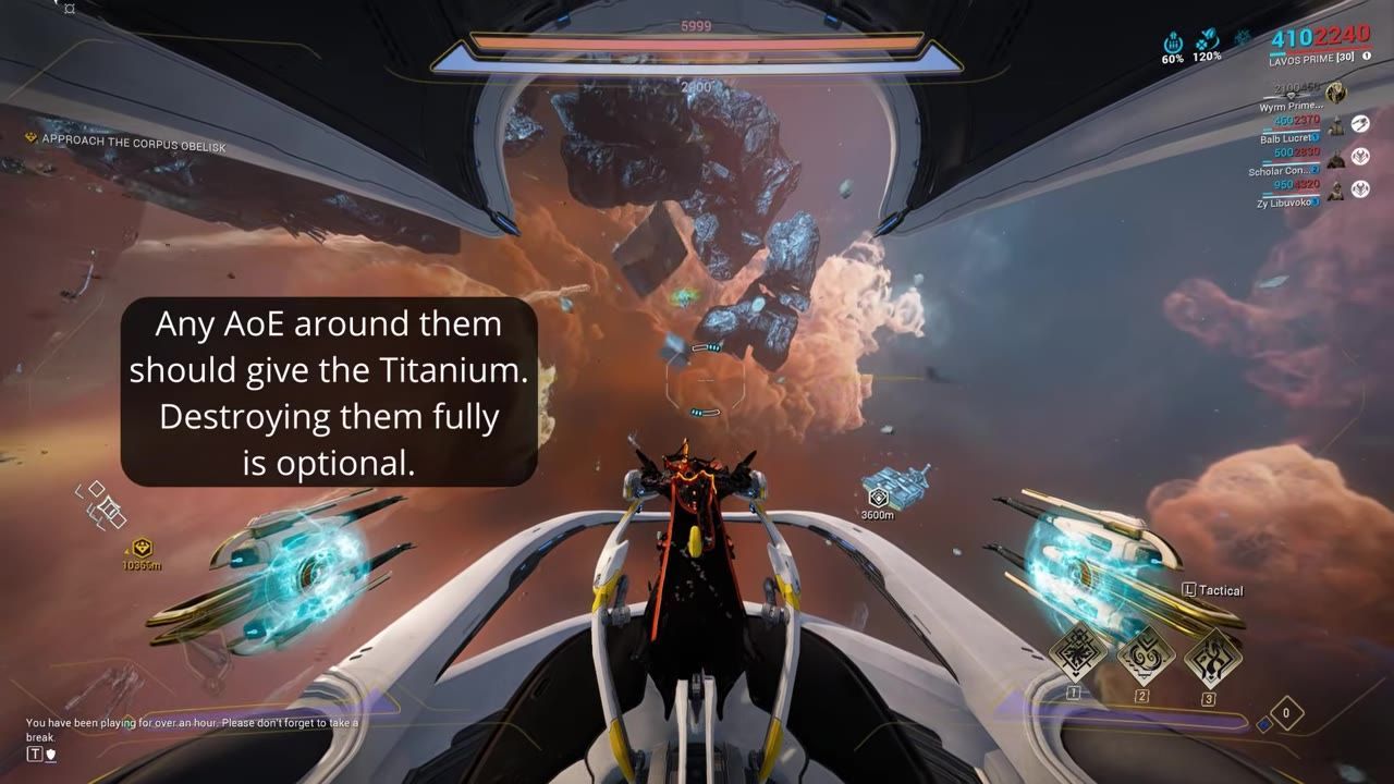 A spaceship navigating near asteroids with floating rock formations in a space environment, showing a tactical interface.