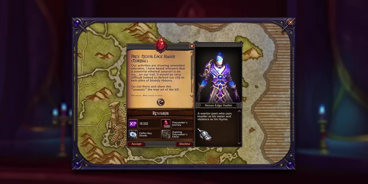 Details of a Prey Hunt quest displayed on the screen with rewards listed including XP and items.
