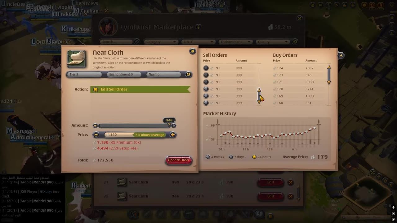 An in-game marketplace showing item prices, sell orders, and current silver amount.