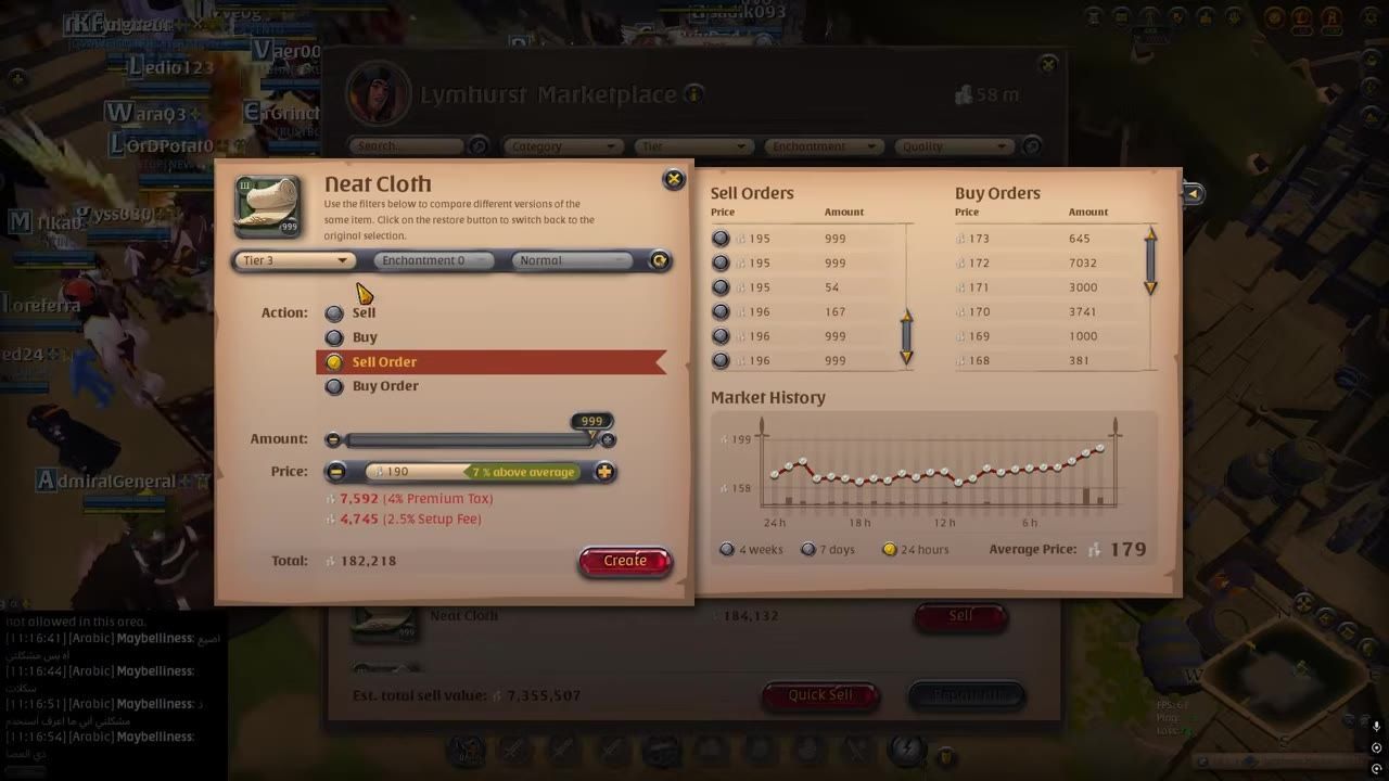 Market interface in a game showing details for trading refined fiber in Lymhurst.