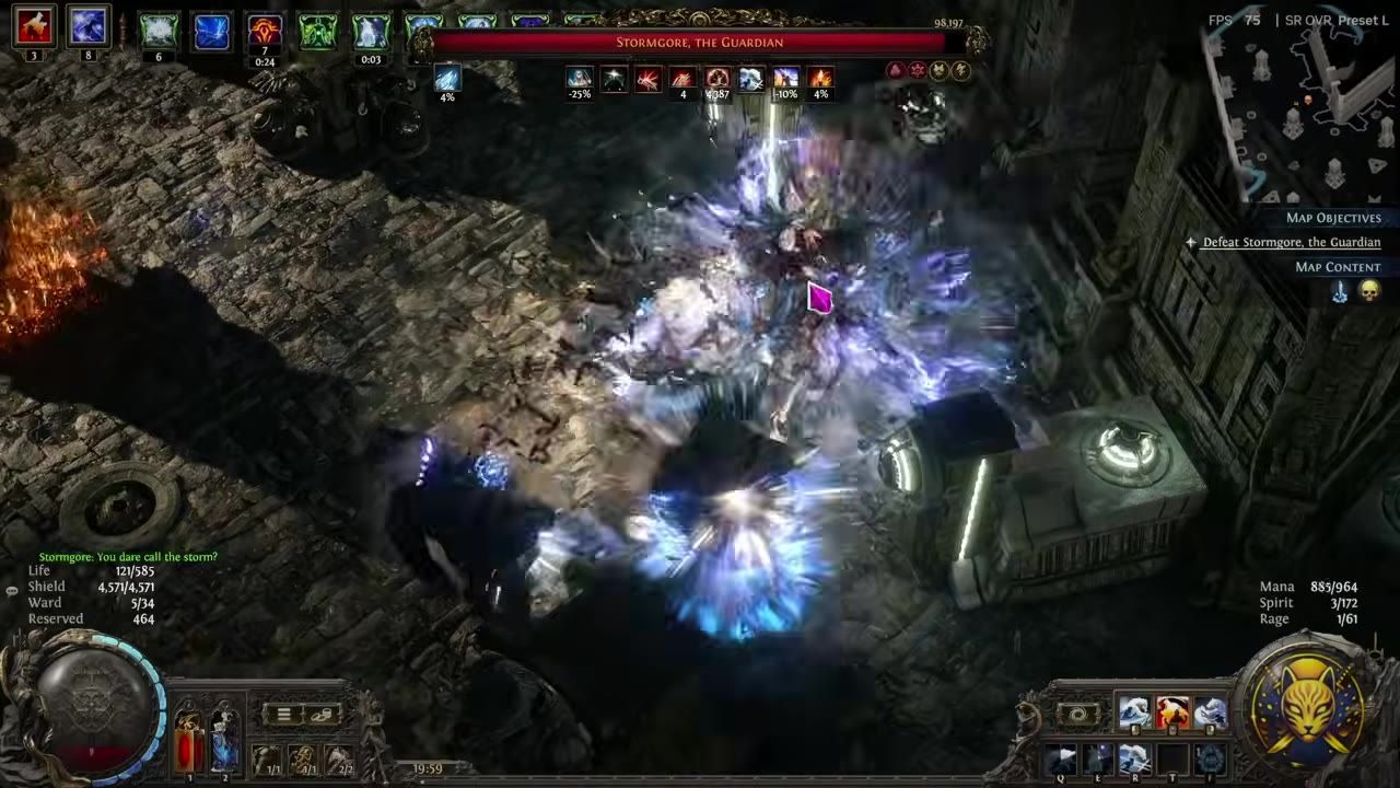 Character engaging in combat with abilities active, surrounded by visual effects and enemies.