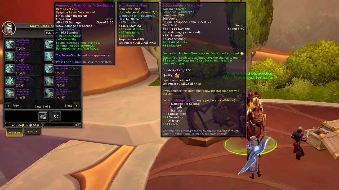 A game screen showing a PvP vendor menu with items purchasable for bloody tokens and their details.