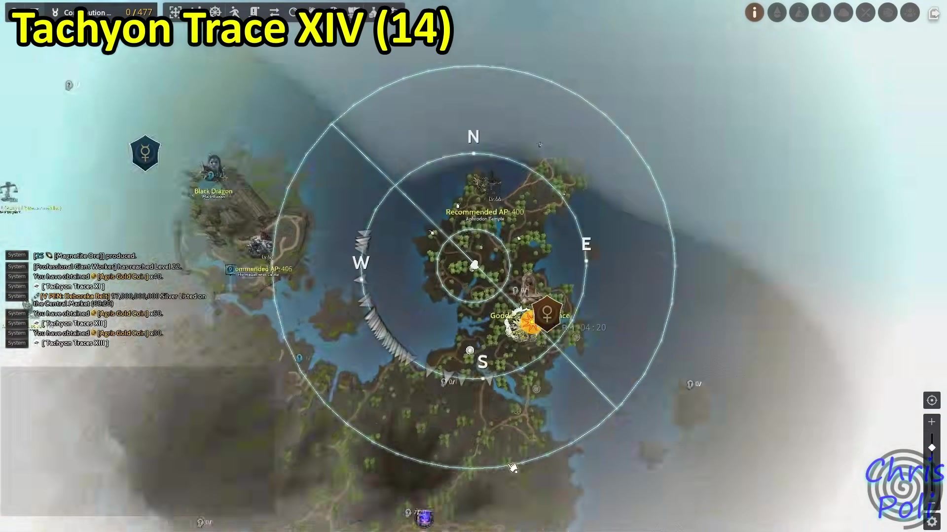 Black Desert world map at Tachyon Trace 14, with the player marker on the Aphrodon Temple headland in Ishtaria Fields.