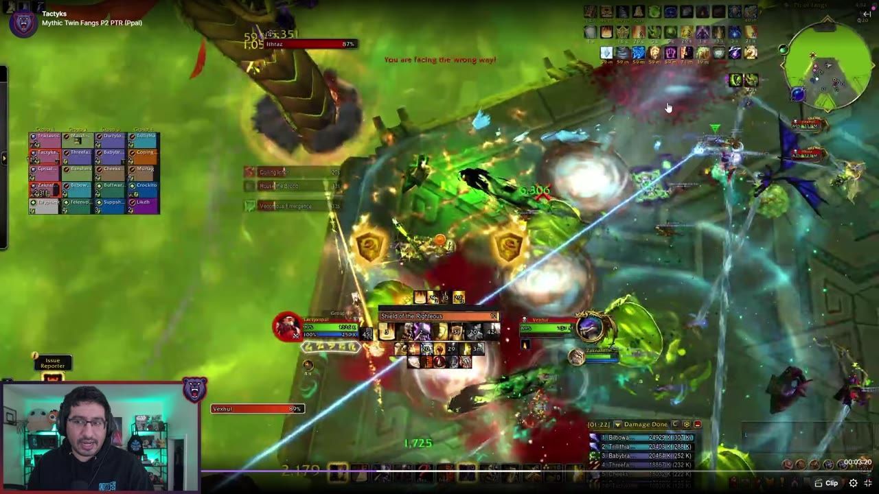 Gameplay screenshot showing a chaotic encounter with various effects and health bars visible.