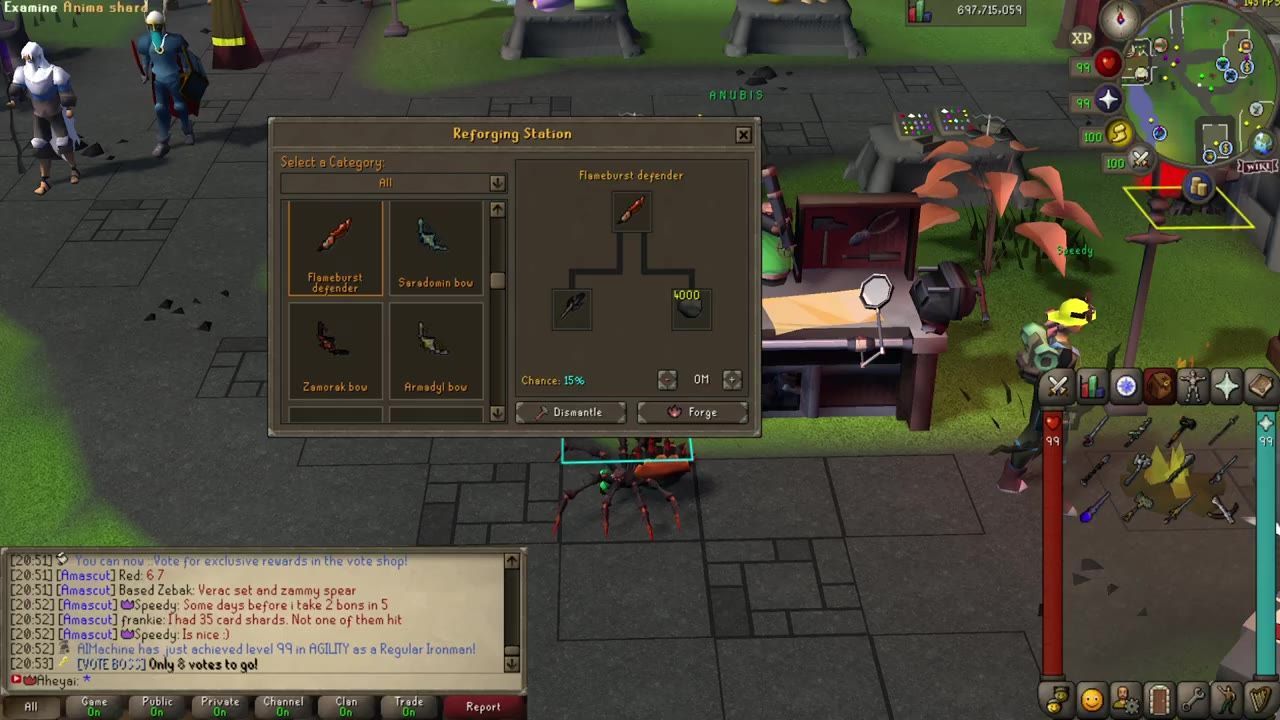 Game interface showing a reforge station with upgrade requirements for the Flameburst defender.