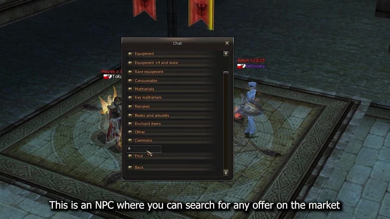 An NPC with a market search menu displayed in a game environment.