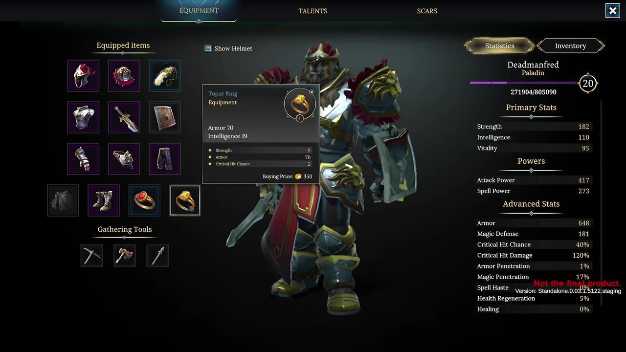 Game inventory screen showing equipped items, including highlighted legendary rings with their stats.