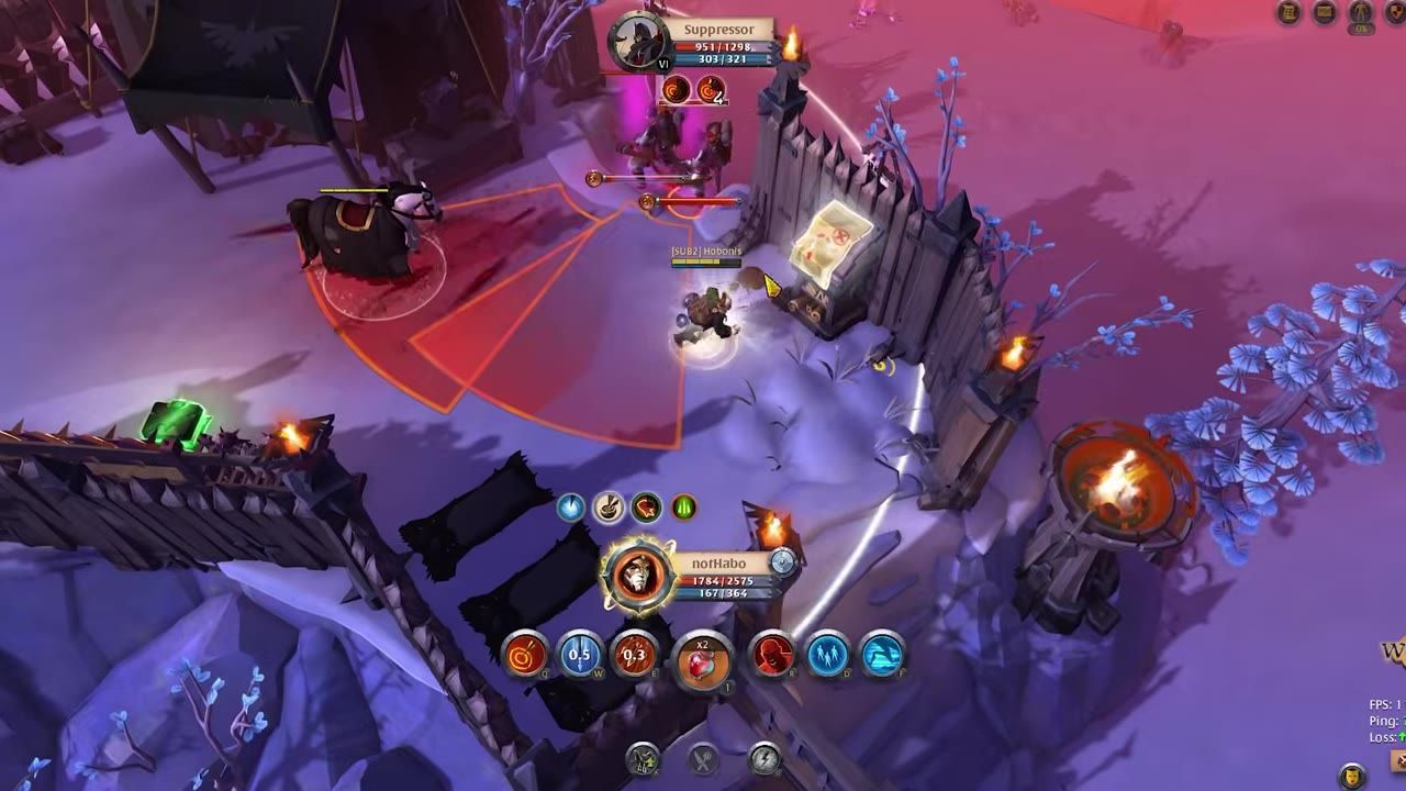 Two characters are engaged in combat near a fortified area surrounded by snowy terrain, with ability icons visible.