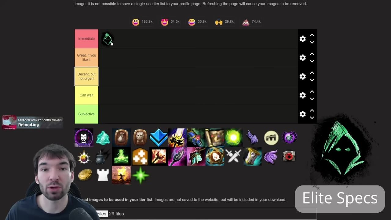 A tier list editor shows a row of Guild Wars 2 elite specialization icons, with a large 'Elite Specs' label on the right and a presenter webcam in the lower left.