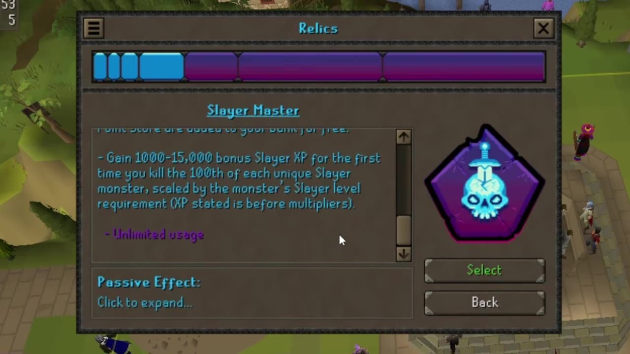 An interface showing the Slayer Master relic description in a game.