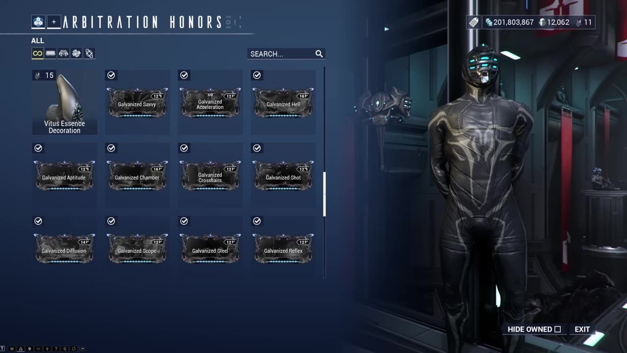 Inventory screen displaying various mods, including Galvanized Chamber.