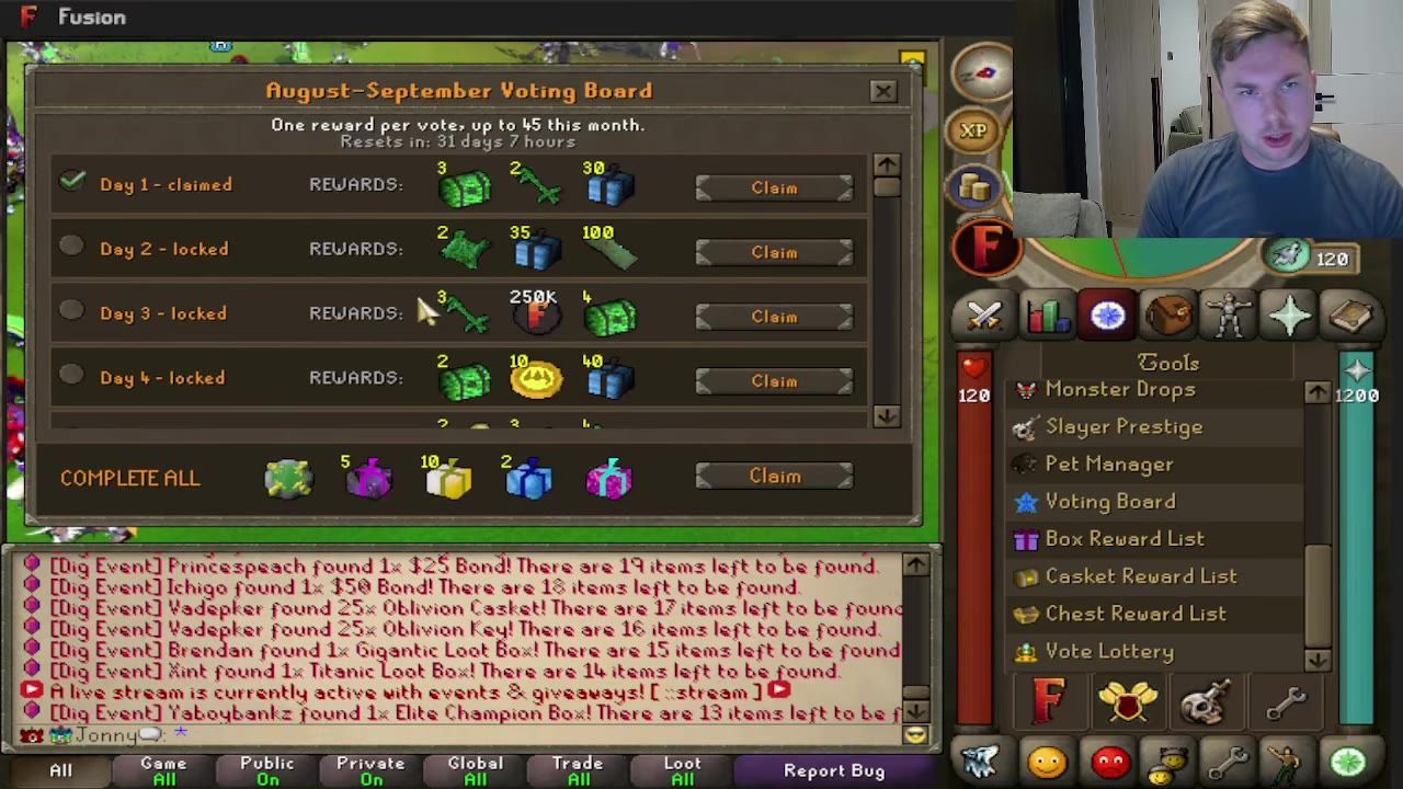 A game interface showing a voting board with claimed and locked rewards listed.
