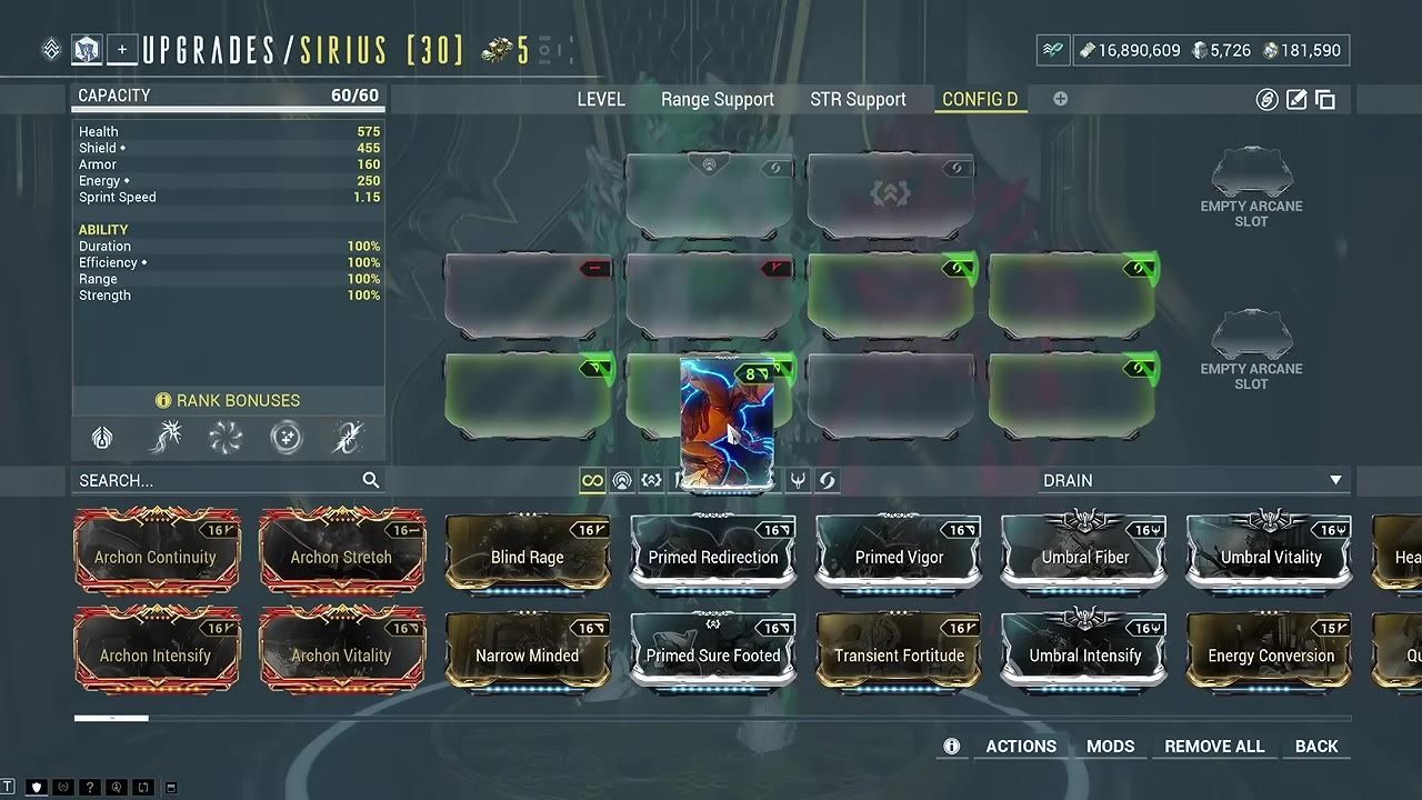 The modding interface of Warframe showing Sirius with visible mod slots and equipped mods.