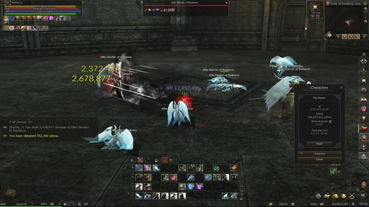 Combat scene in a fantasy dungeon showing active debuffs and Adena obtained.