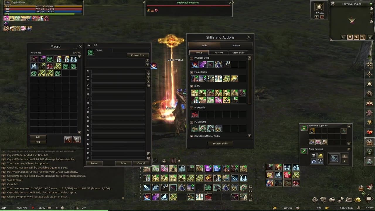 Game screenshot showing character stats, skill windows, action logs, and a character performing an action in the play area.