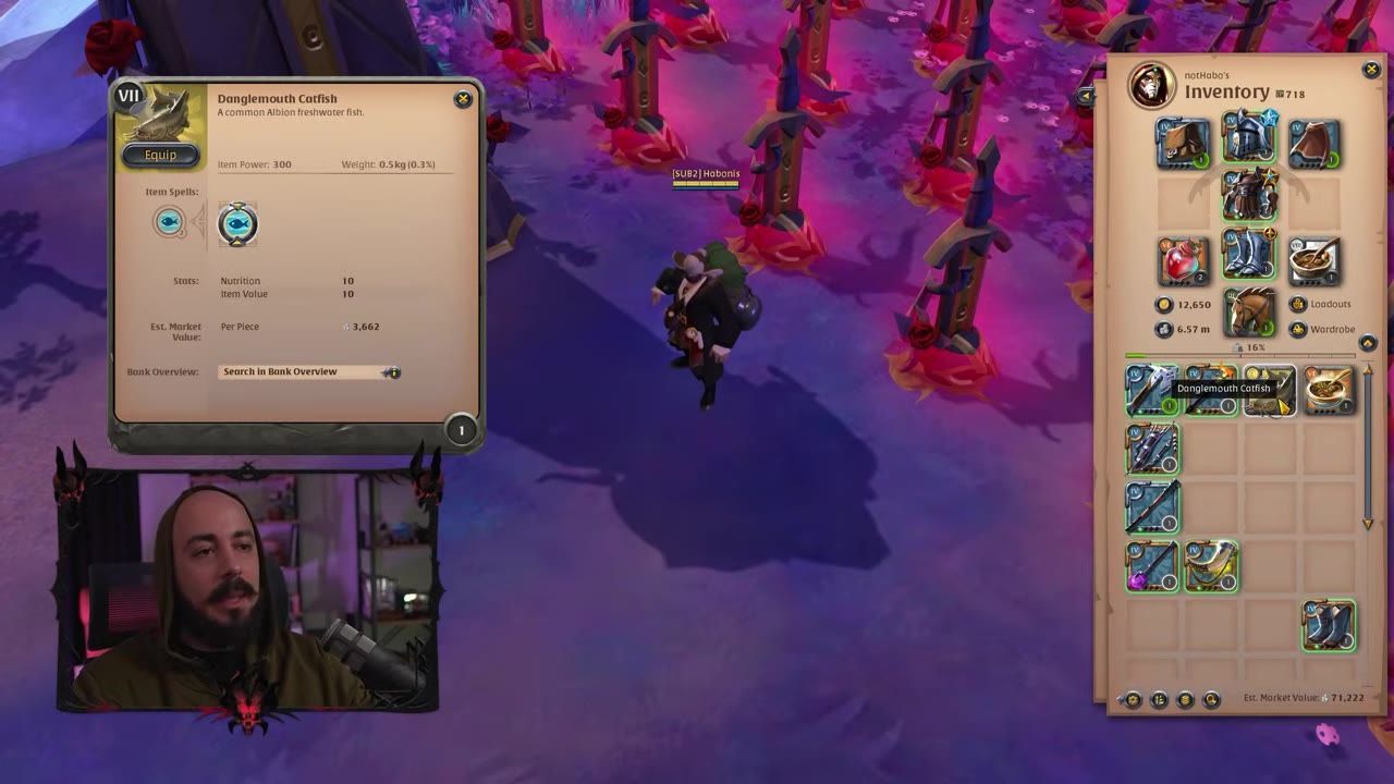 Game inventory showing healing potions and Danglemouth Catfish with details.
