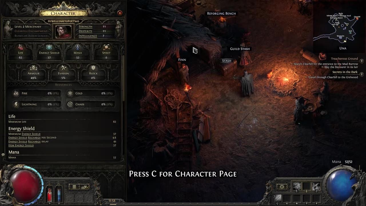 Character page open showing attributes, armor, evasion, block, resistance stats, life, energy shield, and mana values.