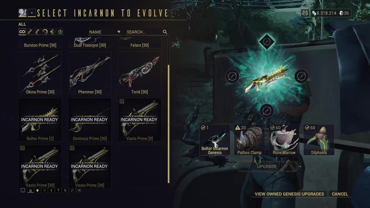 Game screen showing Incarnon Genesis upgrades and associated rewards.