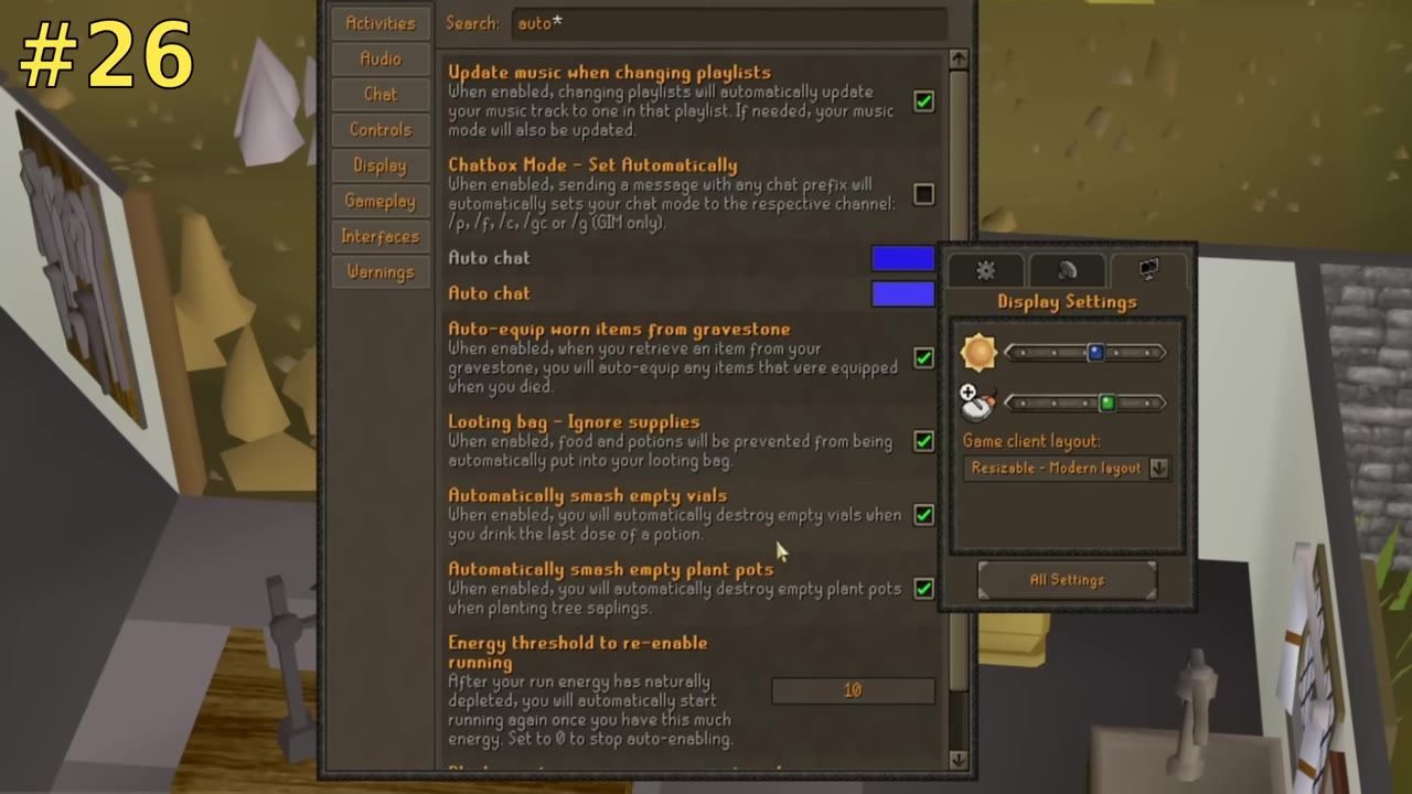 Settings menu with options including automatically smashing empty vials enabled.