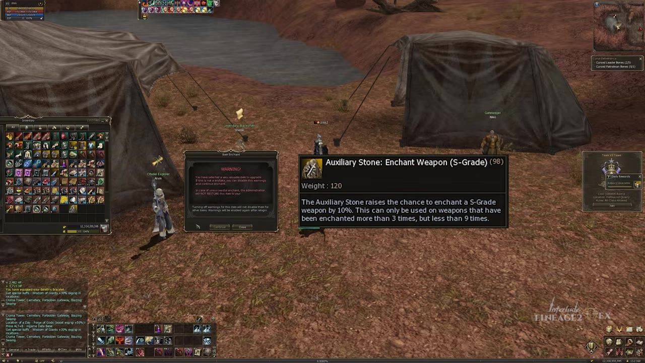 An inventory screen and item enchant dialog in a game showing information about Auxiliary Stone.