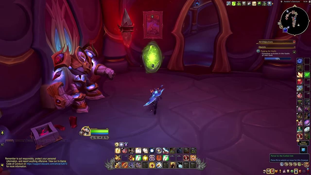 A game scene showing a glowing portal and character interface for navigation.