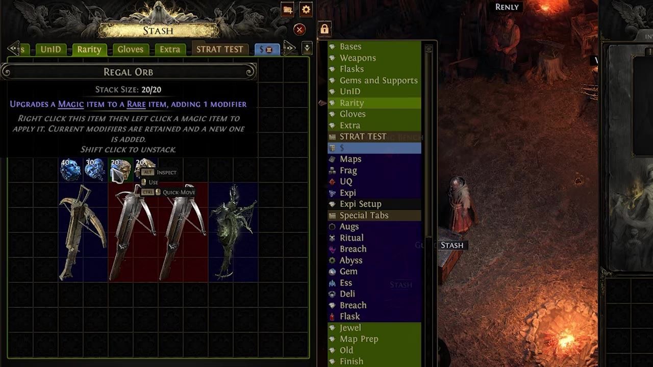 A game inventory interface showing a Regal Orb with its detailed description and additional inventory tabs.