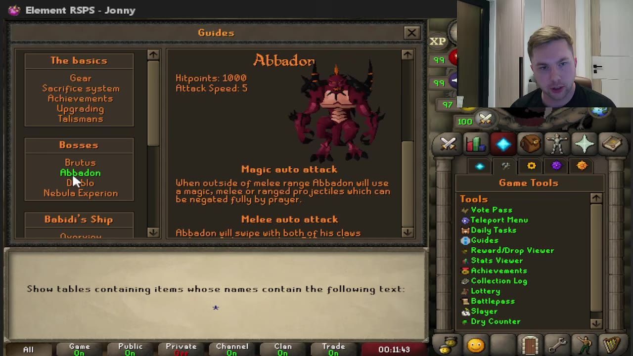 Game interface showing the Guides tab with details about a boss named Abbadon.
