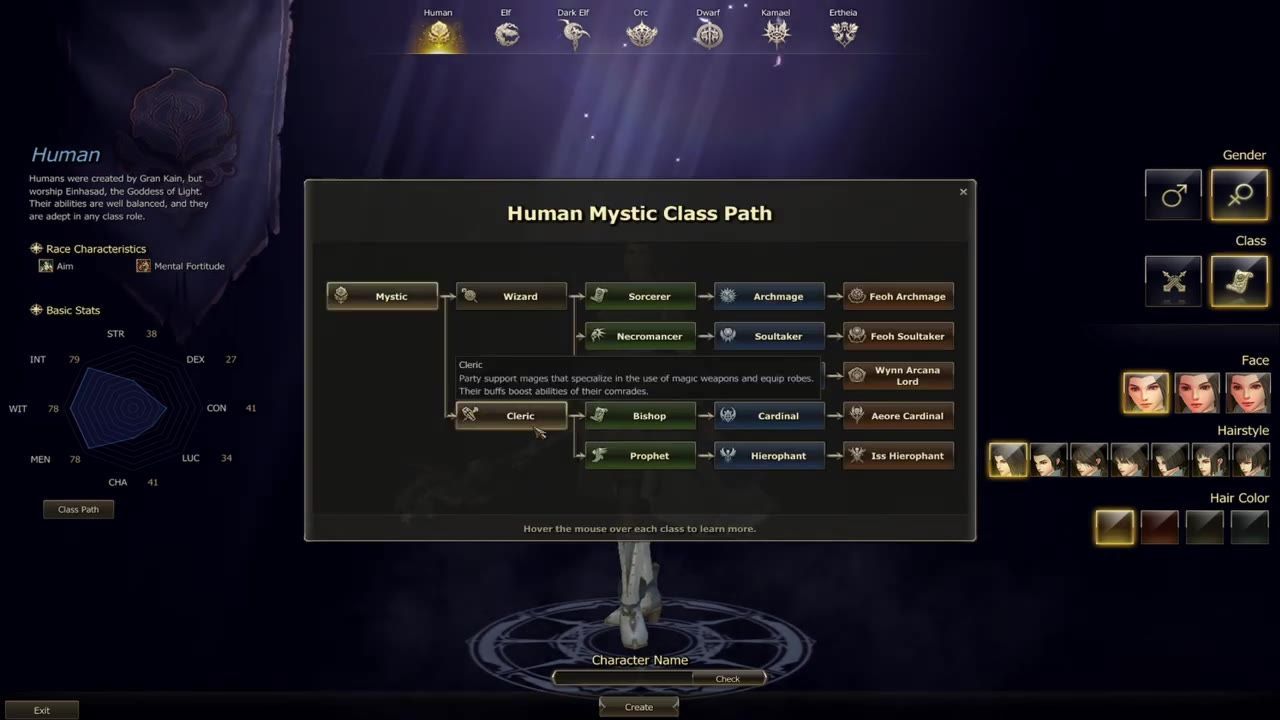 A game UI showcasing the class progression tree for characters, focusing on the Human Mystic Class Path.