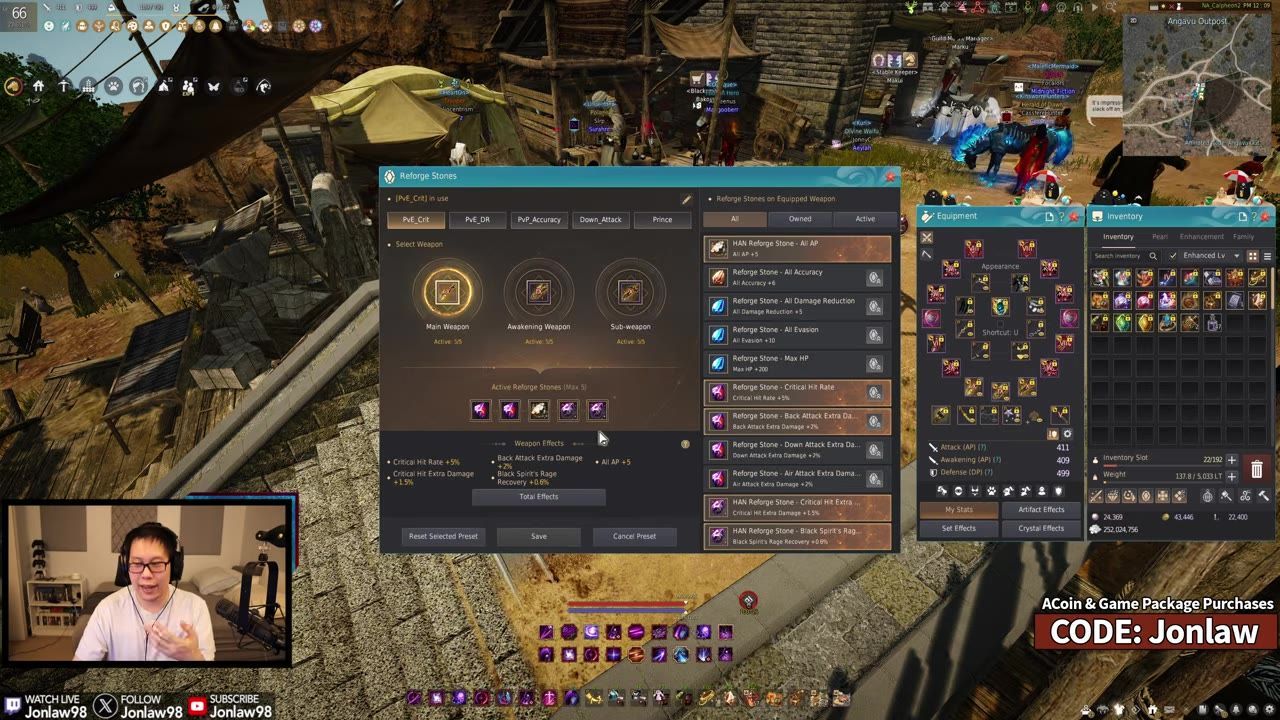 Game screen displaying the reforge stone upgrade menu with equipment and options visible.
