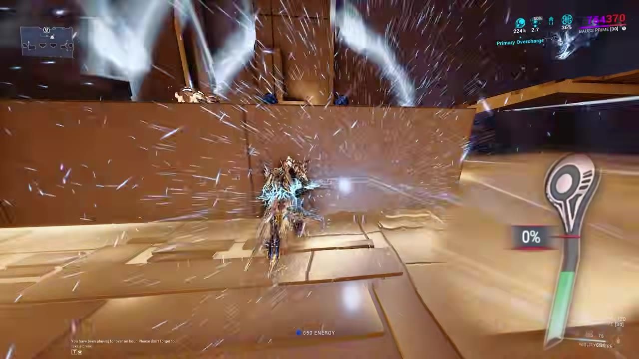 Game moment showing Gauss activating the Redline ability in Warframe.
