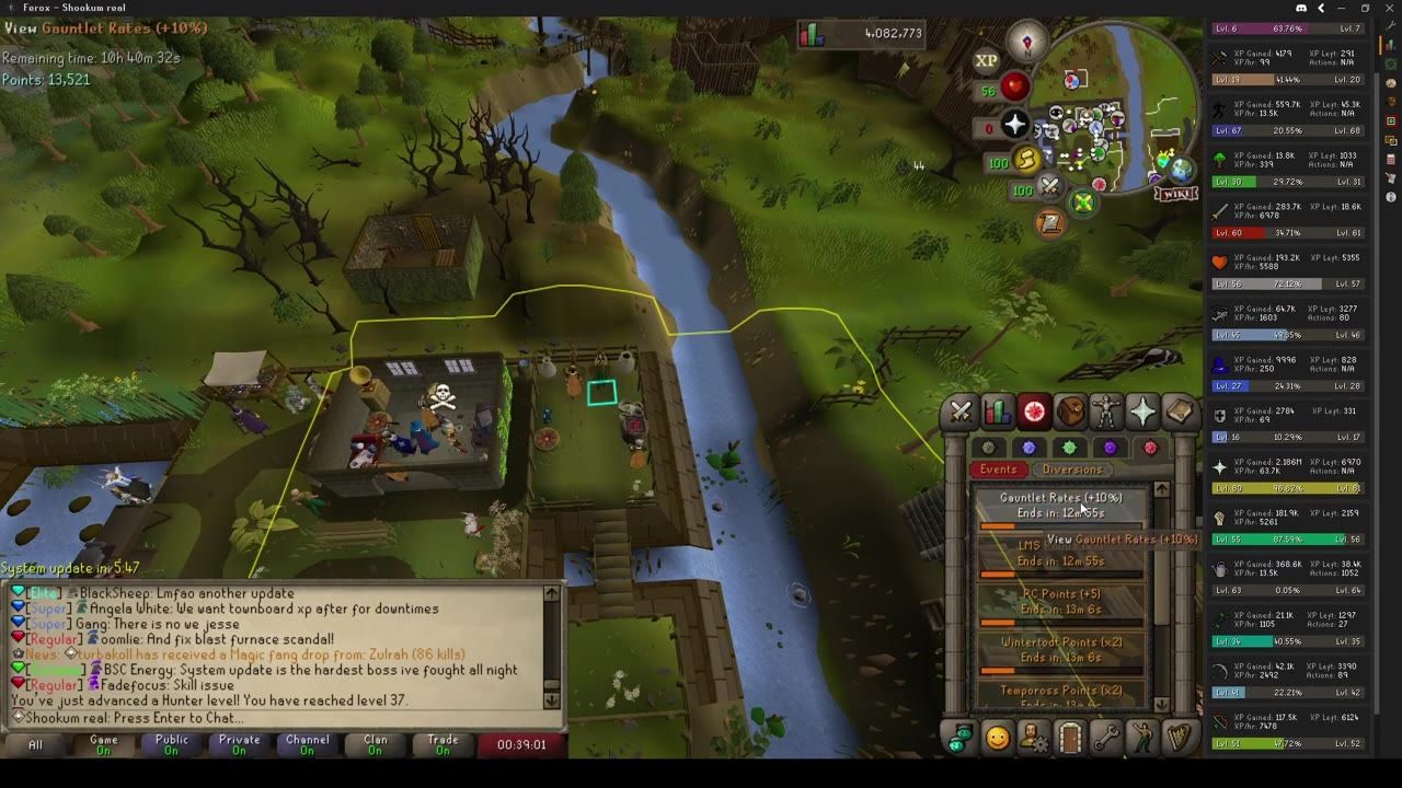 A game interface showing server events and bonuses along with a gameplay area and player statistics.