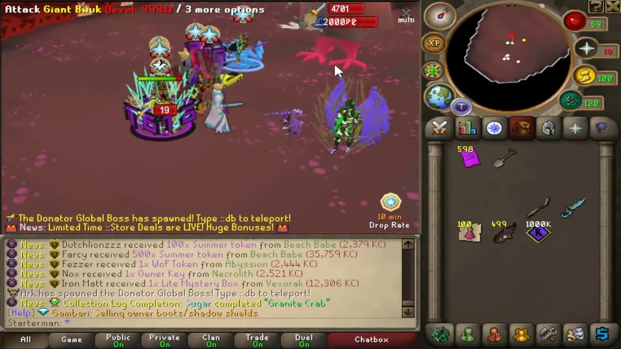 A combat scene showing players fighting a glowing boss in an open area with visible game UI.