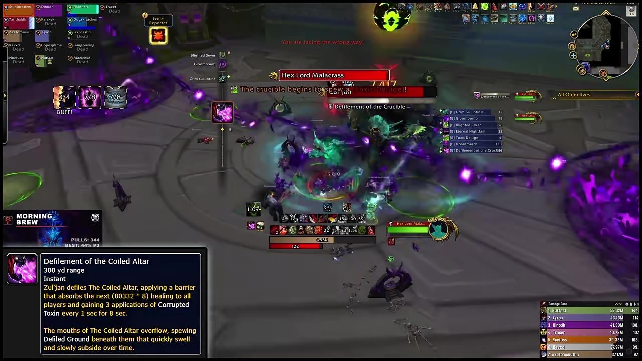 Game interface showing Zul'jan casting 'Defilement of the Coiled Altar' while both bosses are active.