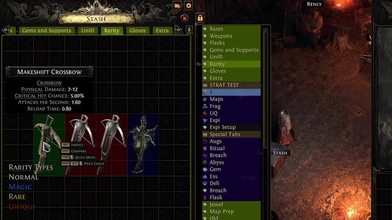 Path of Exile 2 inventory showing items of different rarities such as Normal, Magic, Rare, and Unique.