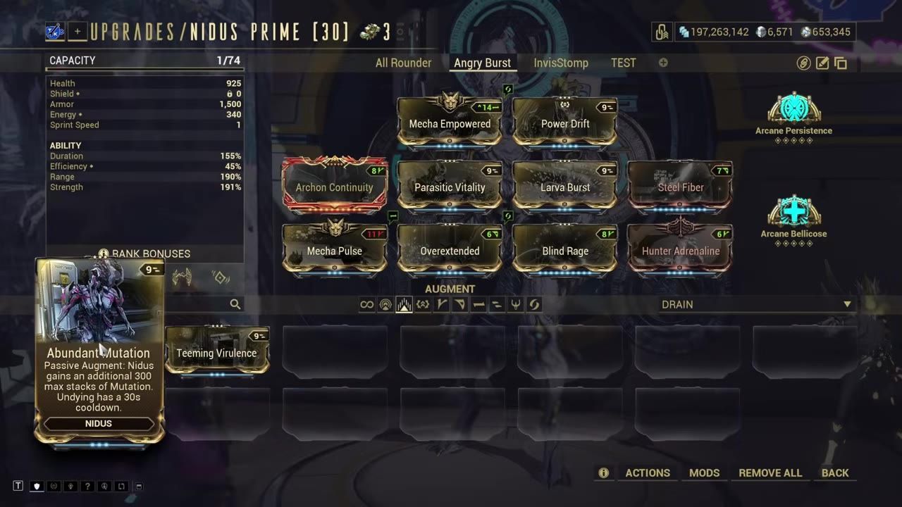 A character upgrade screen with various augments and stats displayed.