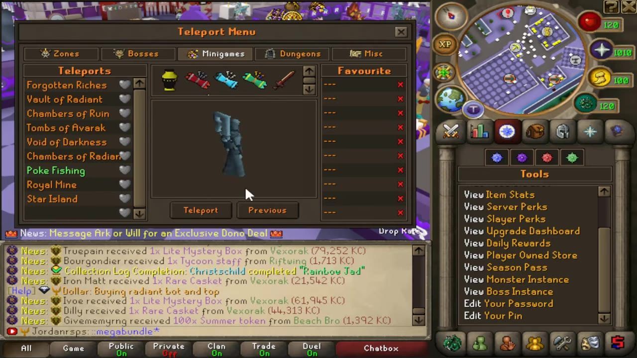 Game interface displaying a teleport menu with listed mini-games and options.