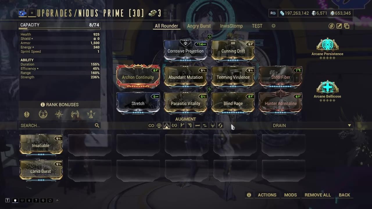 A mod setup menu for Nidus Prime in Warframe with various mods and stats displayed.