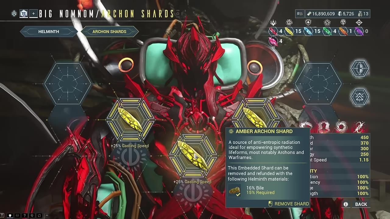 In-game interface showing the Archon Shard setup menu with shard details and placements.