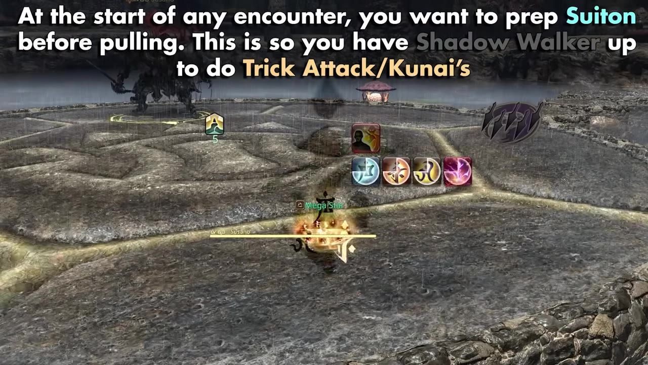 The player character activating Suiton Ninjutsu with visible buffs including Trick Attack.
