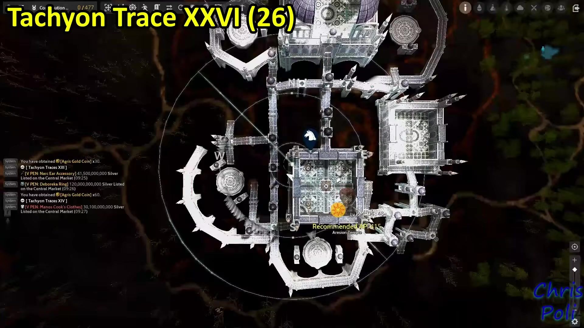 Black Desert world map showing the Aresion Temple floor plan, the player marker in the courtyard and the destination marker inside the south building.