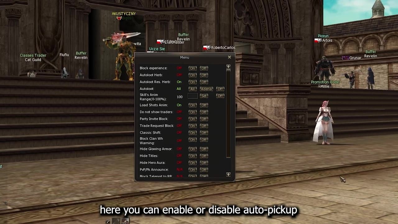 On-screen display of a menu interface with various gameplay options, including block experience and auto loot settings.