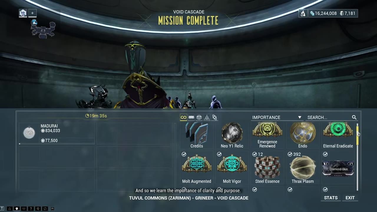 A Void Cascade mission rewards summary is displayed, showing credits, relics, Endo, and other rewards.
