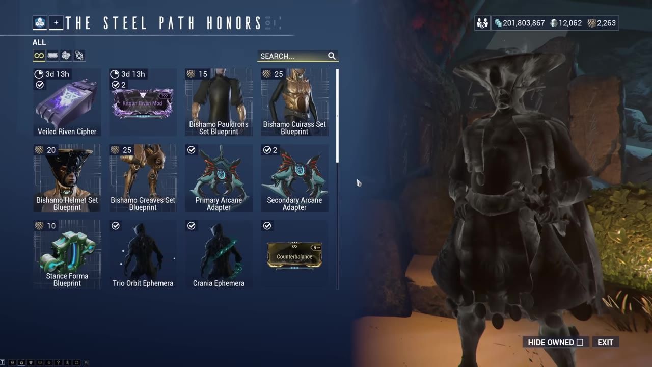 The Steel Path honors shop showing various rewards including items and Arcanes.