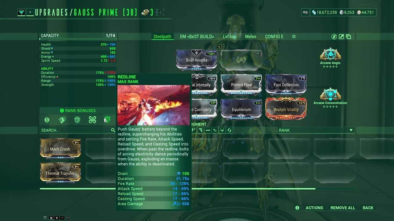 Build menu for Gauss Prime with selected mods, showcasing stats for ability duration, efficiency, range, and strength.