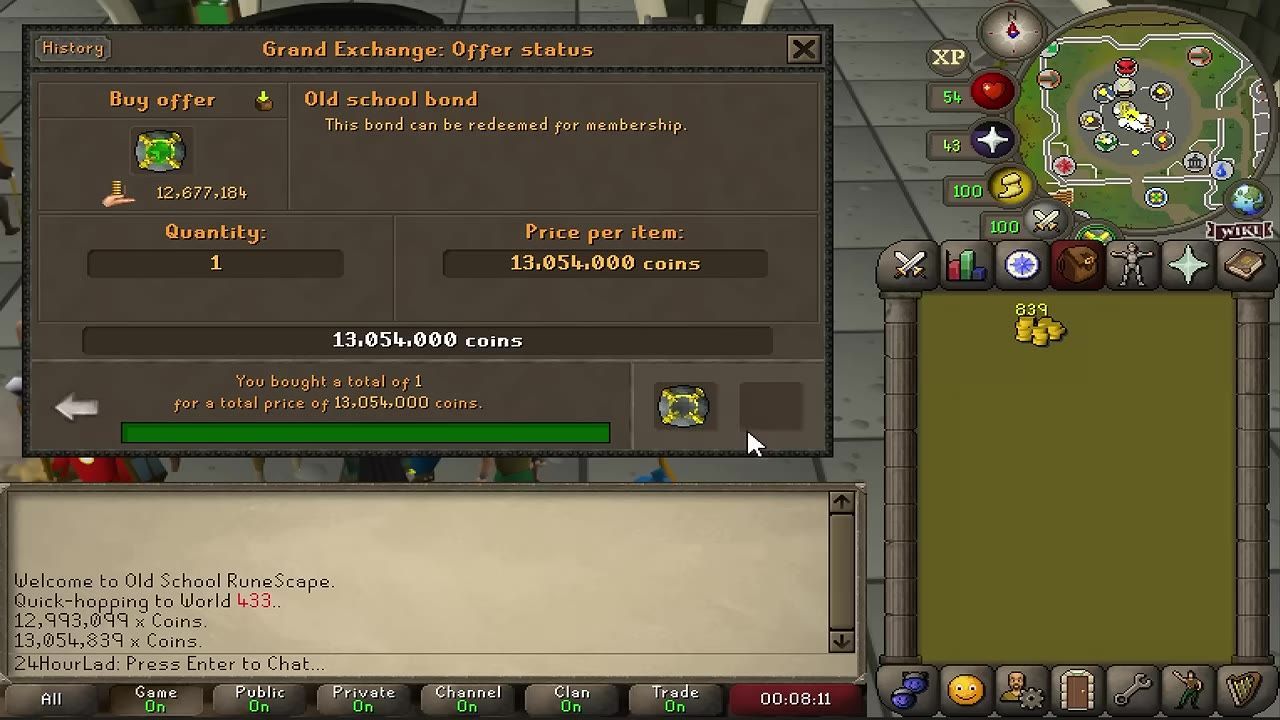 The Old School RuneScape bond purchase confirmation shown on the Grand Exchange interface.