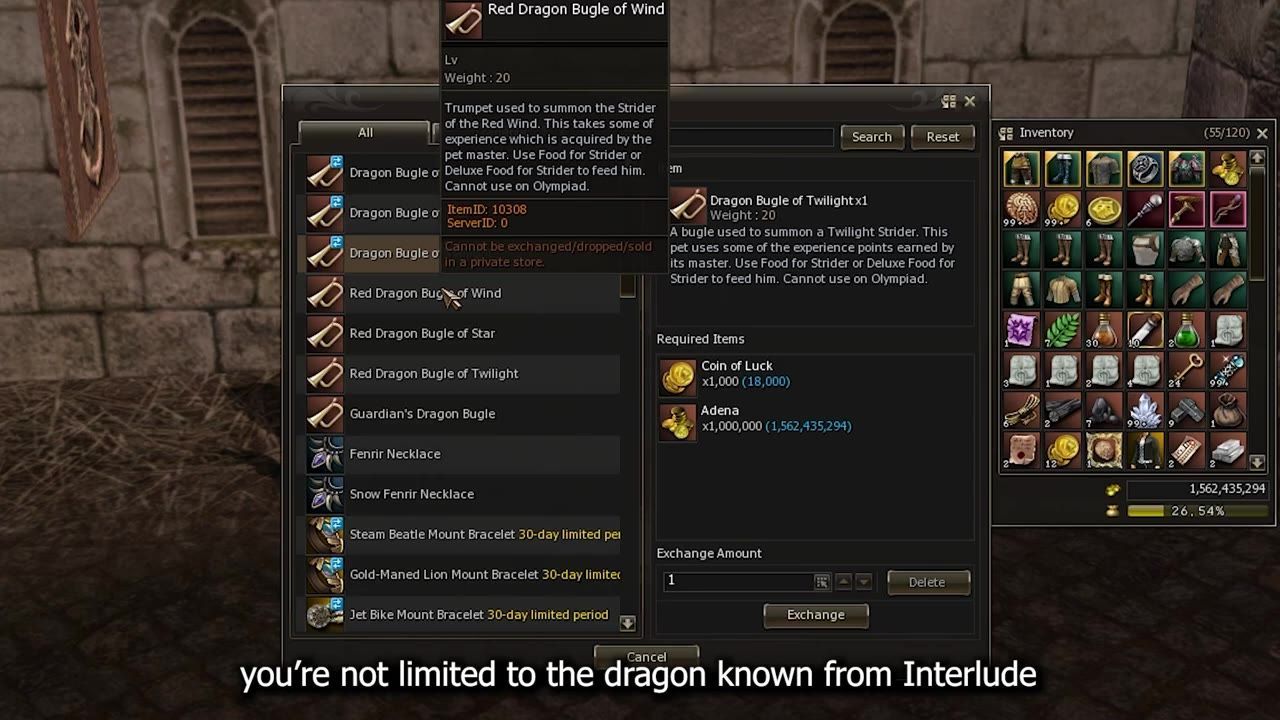 A game interface showing Dimensional Merchant with options including dragon bugles and Fenrir necklaces.